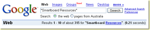 Google search for "Smartboard Resources"