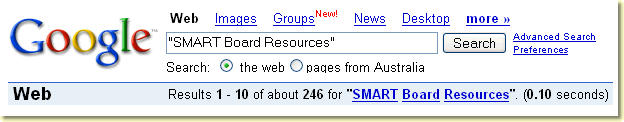 Google search for "SMART Board Resources"