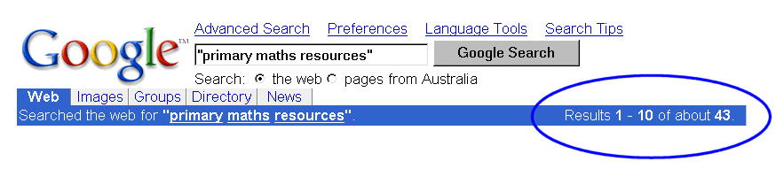 Google search for "primary maths resources"
