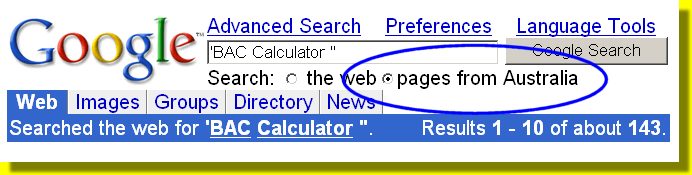 Google search for Australian pages containing "BAC Calculator"