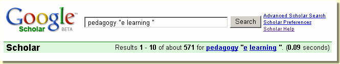 Google Scholar search for pedagogy "e learning"