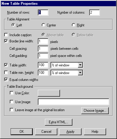 New Table Properties Dialogue Box