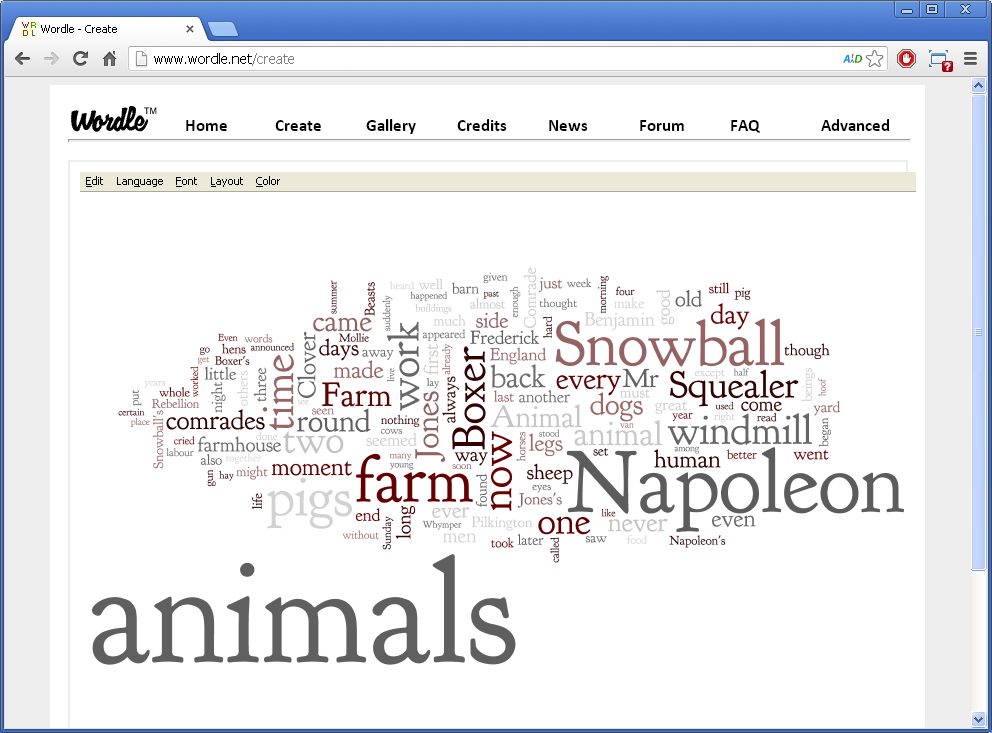An example word cloud with the most common words from Animal Farm 