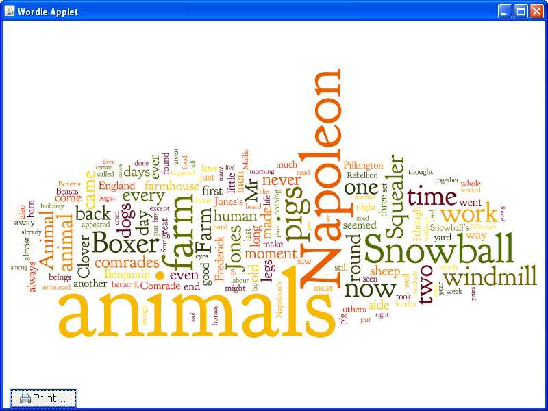 Anoher style of word cloud with the most common words from Animal Farm 